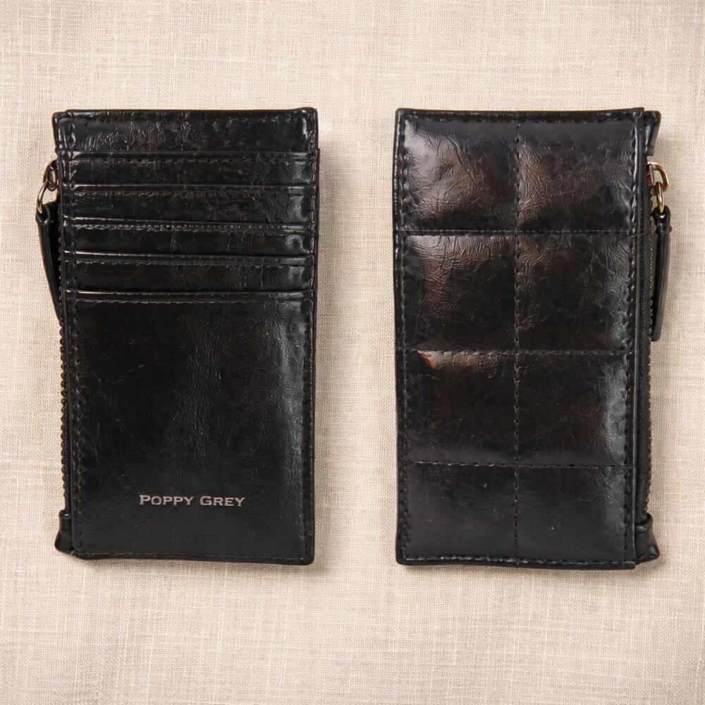 Poppy Grey Napa Quilted Leather RFID Credit Card Wallet Vegan Black